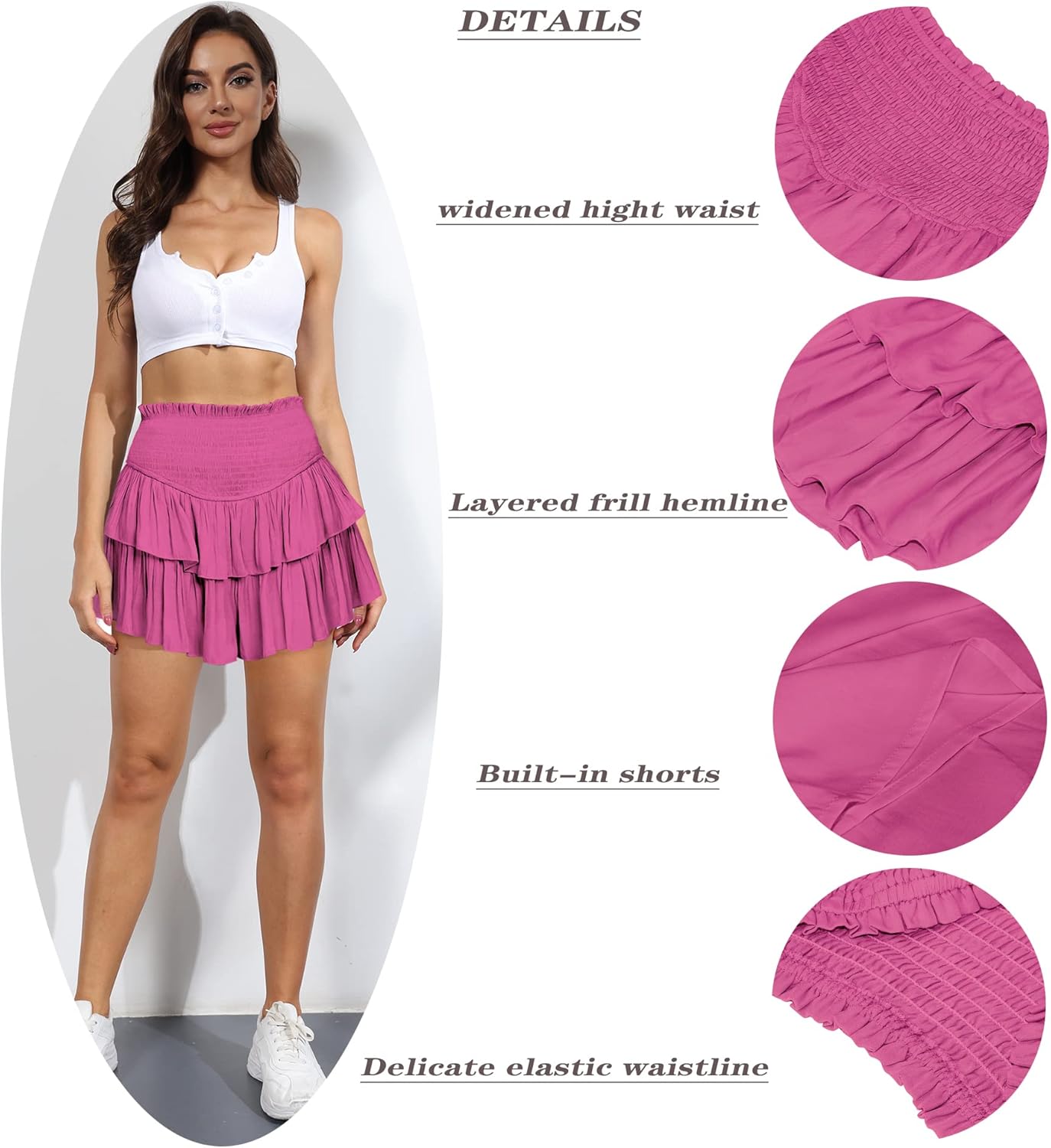 MiiVoo Women's High Waist Ruffle Flowy Mini Skirts Stretchy Waist Solid Lined Layered Pleated Casual Beach Short Skirt - Image 5