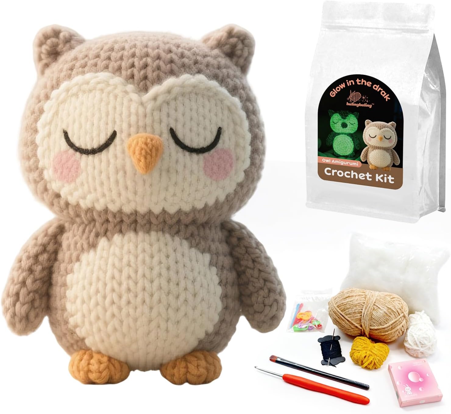 bulingbuling Glow in The Dark Owl Crochet Kit, Crochet Starter Kit Crochet Owls Kits Great Birthday Gifts for Adults and Young with Step by Step Video Amigurumi Knitting Kit DIY Craft