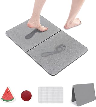 Foldable Diatomite Stone Bath Mat 60 x 40 cm, Quick Dry Diatomaceous Earth Shower Mat with Non Slip Base, Super Absorbent Bathroom Floor Mat for Bathtub, Kitchen & Pet Feeding Dark Gray