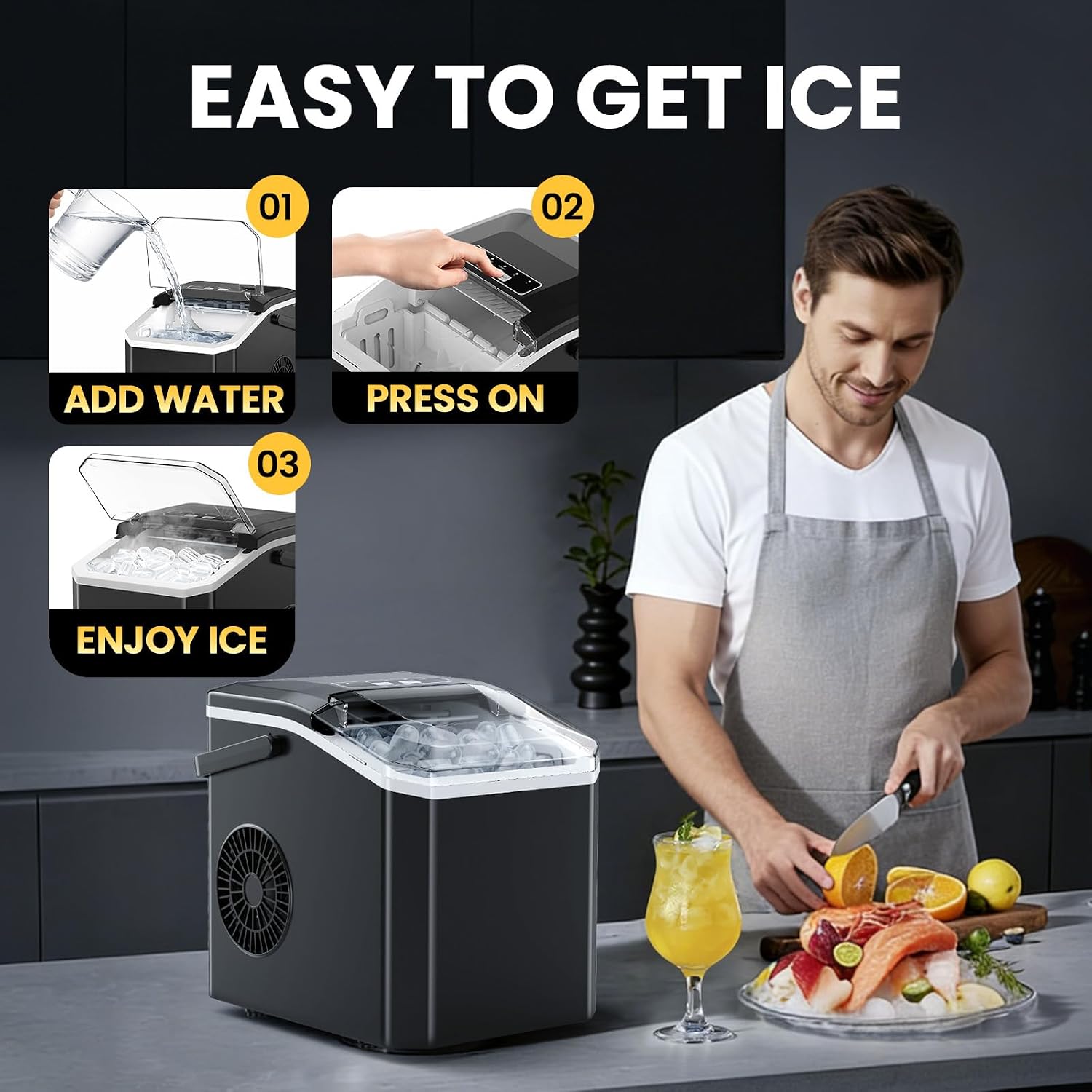 INOVIVA Ice Maker Machine for Countertop, 26.5Lbs Daily Output, 6-Min Fast Ice Maker, 2 Ice Sizes, Self-Cleaning, Compact Portable Ice Machine with Removable Basket