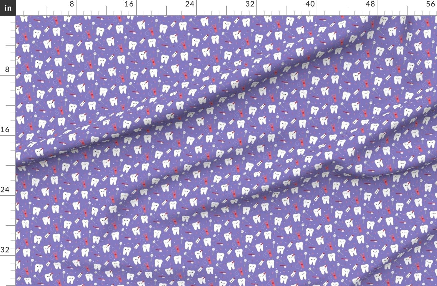 Spoonflower Fabric - Happy Teeth Purple Tooth Dental Dentist Dentistry Toothpaste Floss Printed on Organic Cotton Sateen Fabric by The Yard - Sewing Quilting Apparel Home Decor