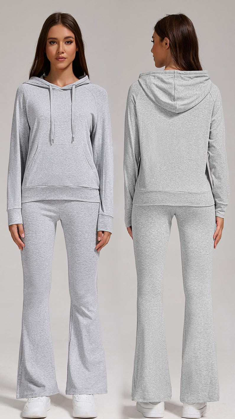 YETOWA Elegante tuta da donna in 2 pezzi, felpa con cappuccio e pantaloni svasati, perfetti per abbigliamento casual attivo