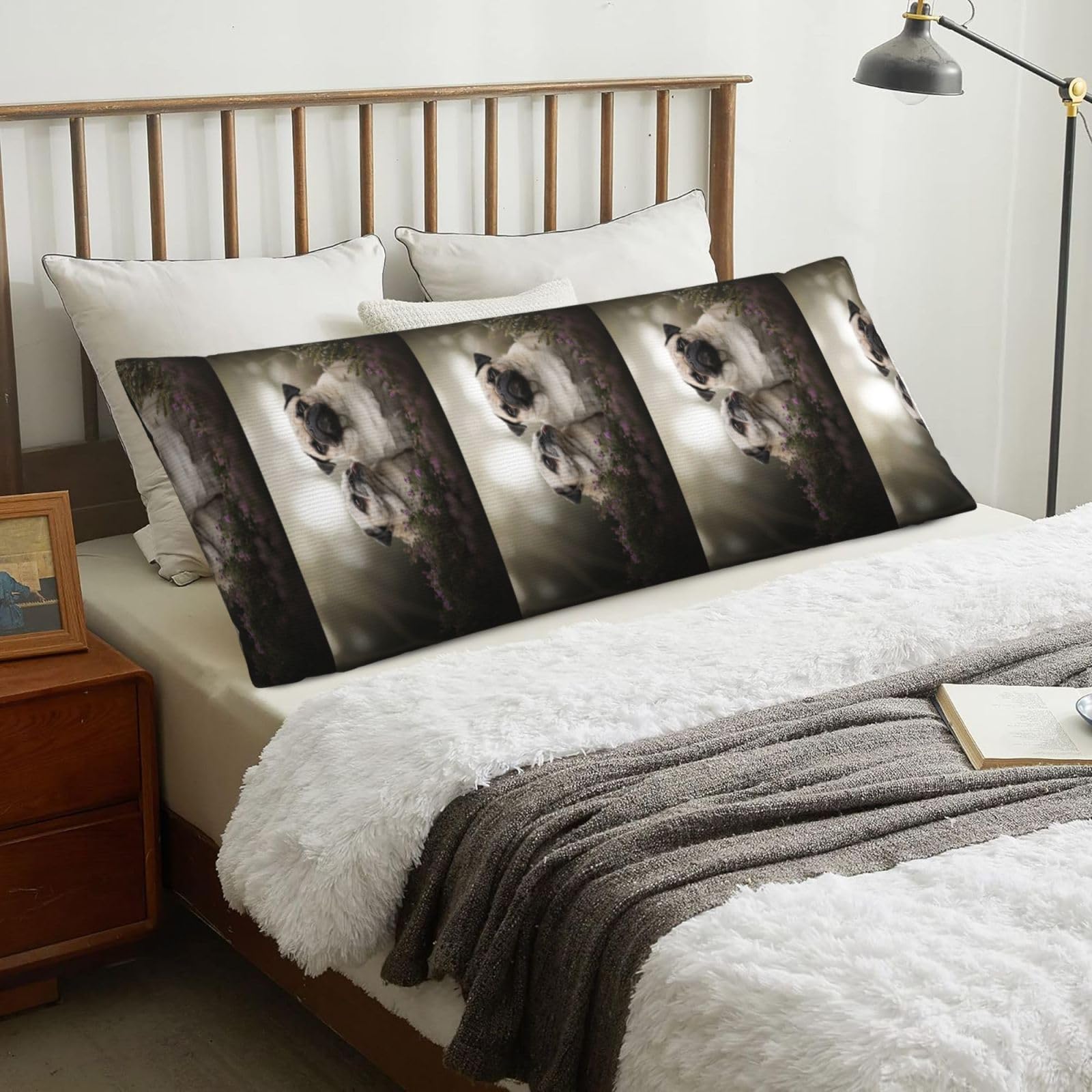 Pug Dogs Family Bokeh Mother And Cub Dogs Pets, Body Pillow Cover with Zipper,Long Body Pillowcase 20 x 60 in