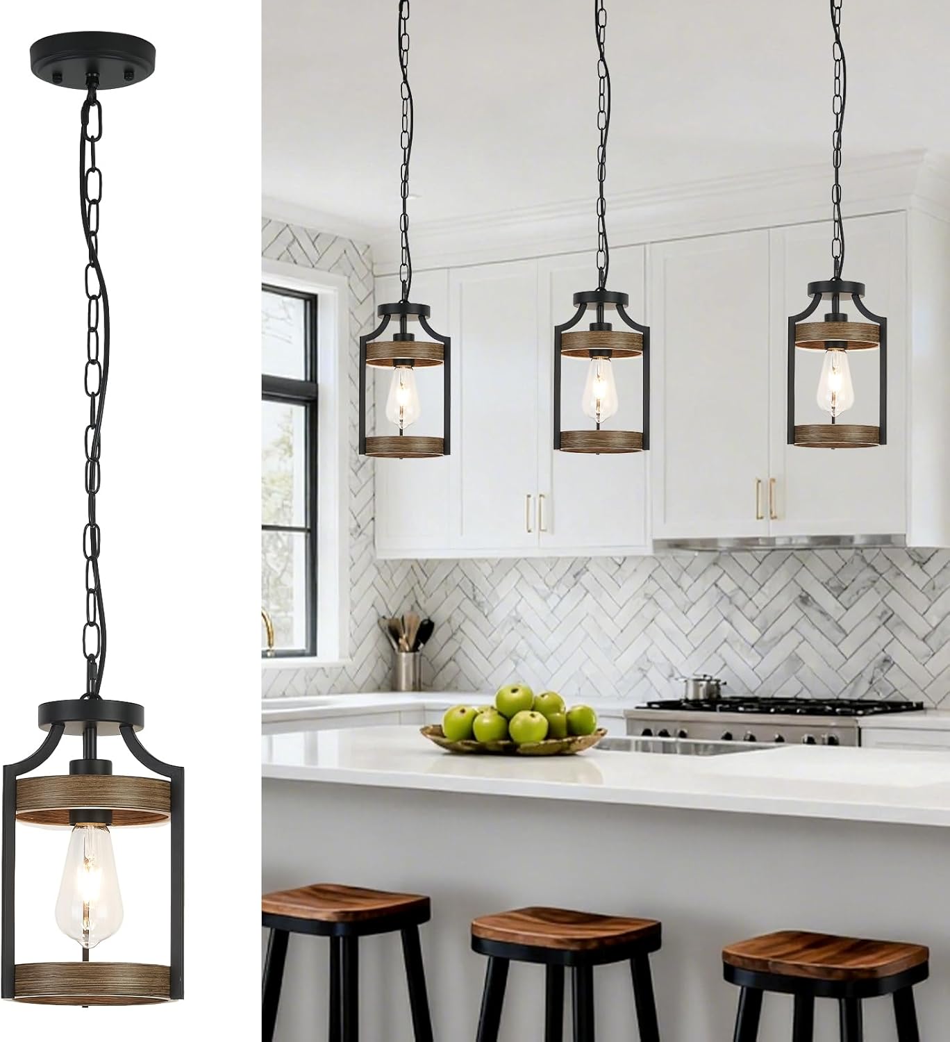 Farmhouse Pendant Light, Rustic Wood Metal Light Fixtures with Adjustable Hanging Chain, Small Pendant Lighting for Kitchen Island, Dining Room, Entryway, Cafe & Bar, 3 Pack
