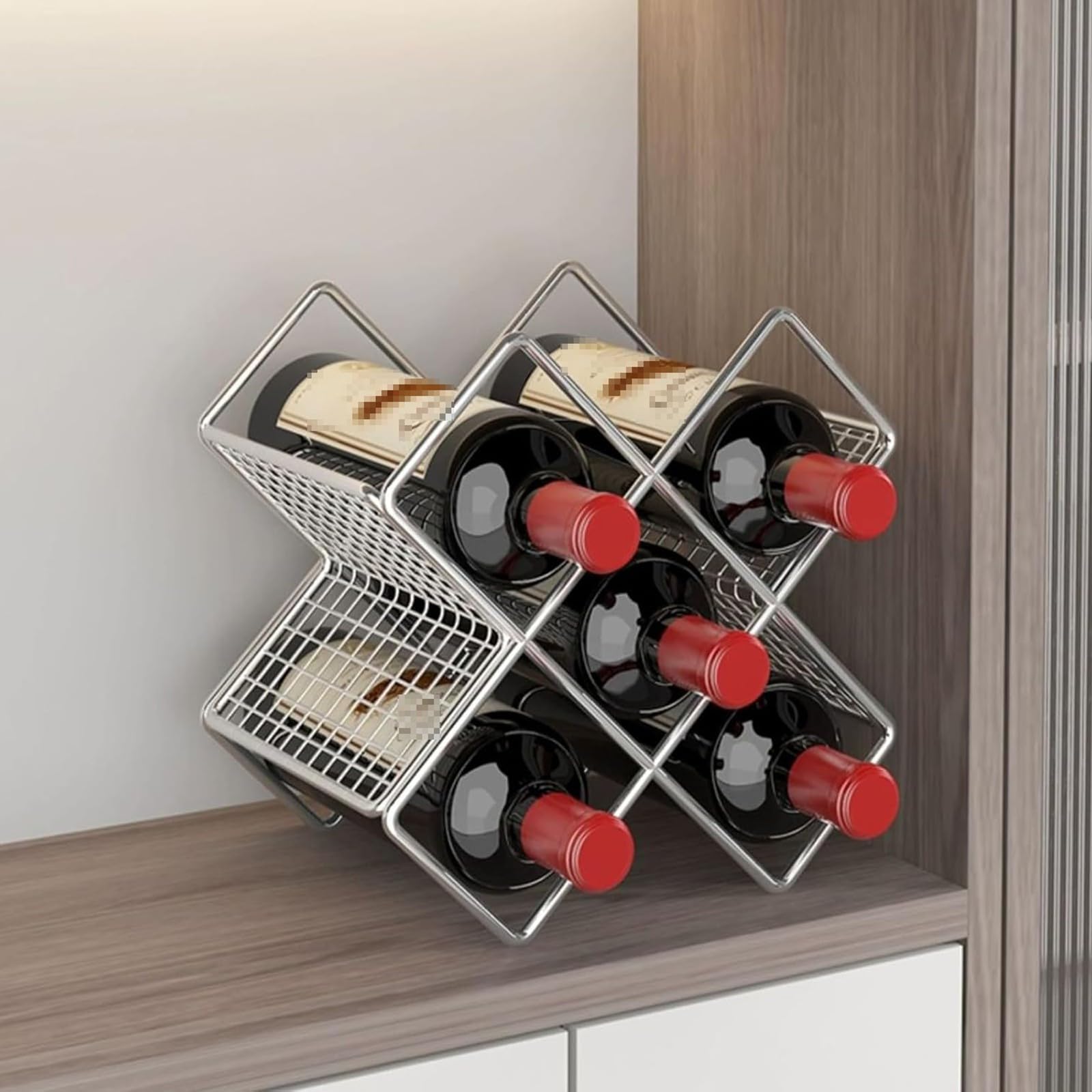 Lot de 2 supports décoratifs élégants en forme de losange en métal pour 5 bouteilles – Présentoir autonome pour la maison, la cuisine, le bar ou la cave – Couleur argentée