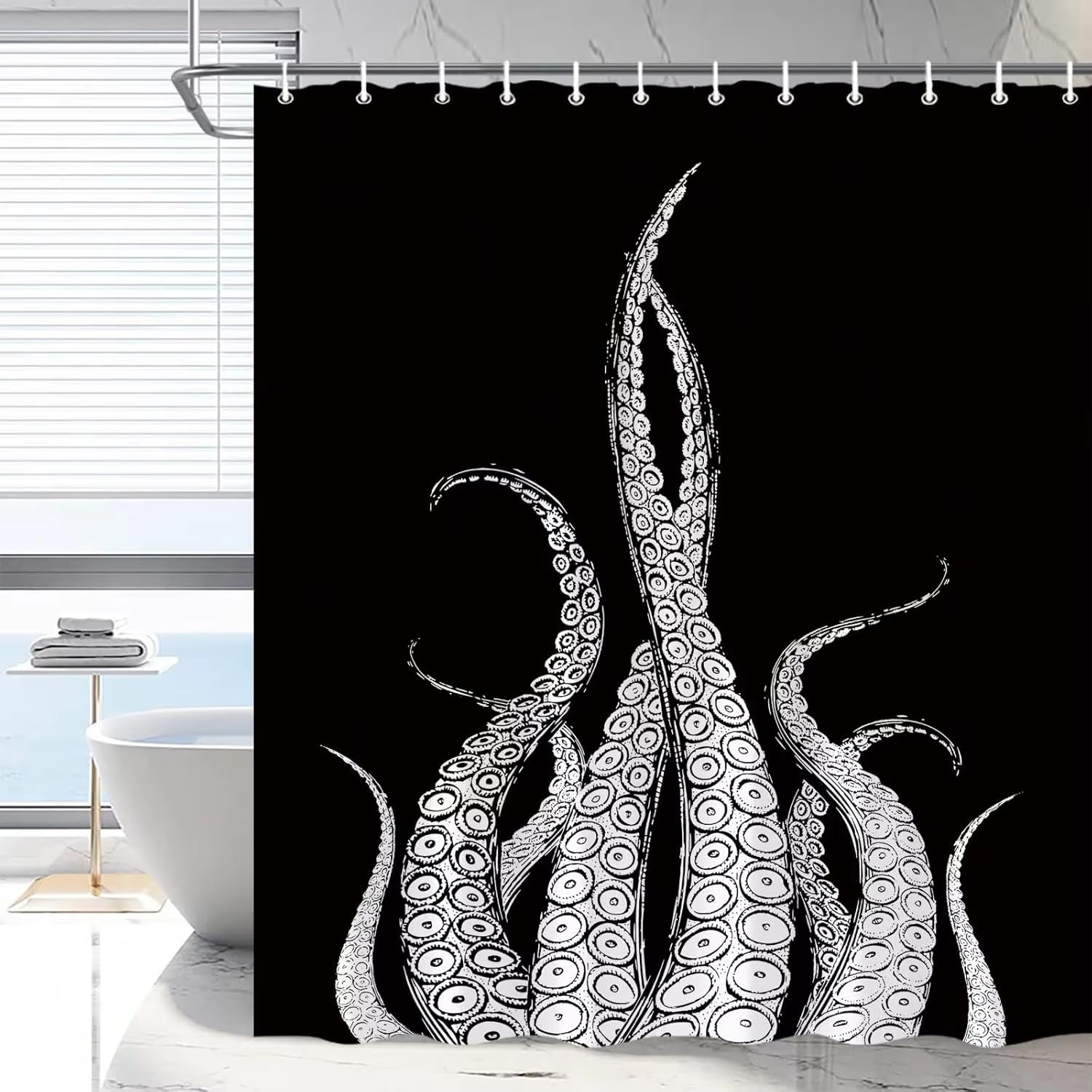 IEUUUB Octopus Tentacles Shower Curtain Kraken Ocean Animal Nautical Marine Life Black Backdrop Creative Art Bathroom Decor Curtains(80x150cm/31x59in(WxH)