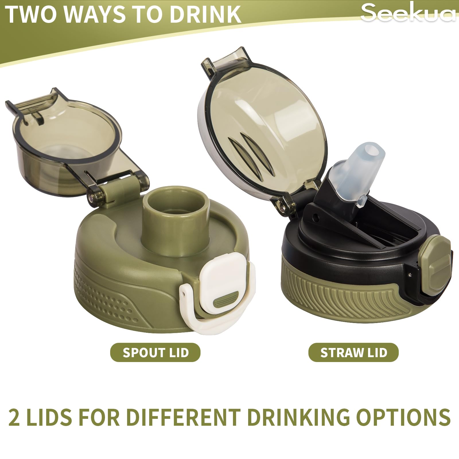 Seekua Sportiva Borraccia Motivazionale 0.6l / 1l / 2l con Cannuccia & Orari per Bere Bottiglia Acqua Tritan per Bici, Palestra, Sport, 2 Coperchi, 1 litro