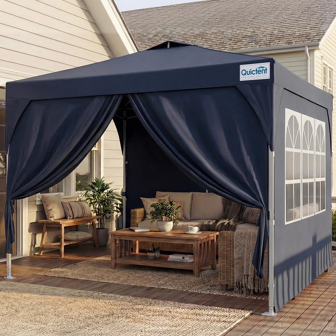 Quictent Carpa Plegable 3x3m con 3 Paredes Laterales Extraíbles, Tienda de Toldo con Cerradura Central, Refugio Portátil para Fiestas de Jardín y Camping, Azul Oscuro
