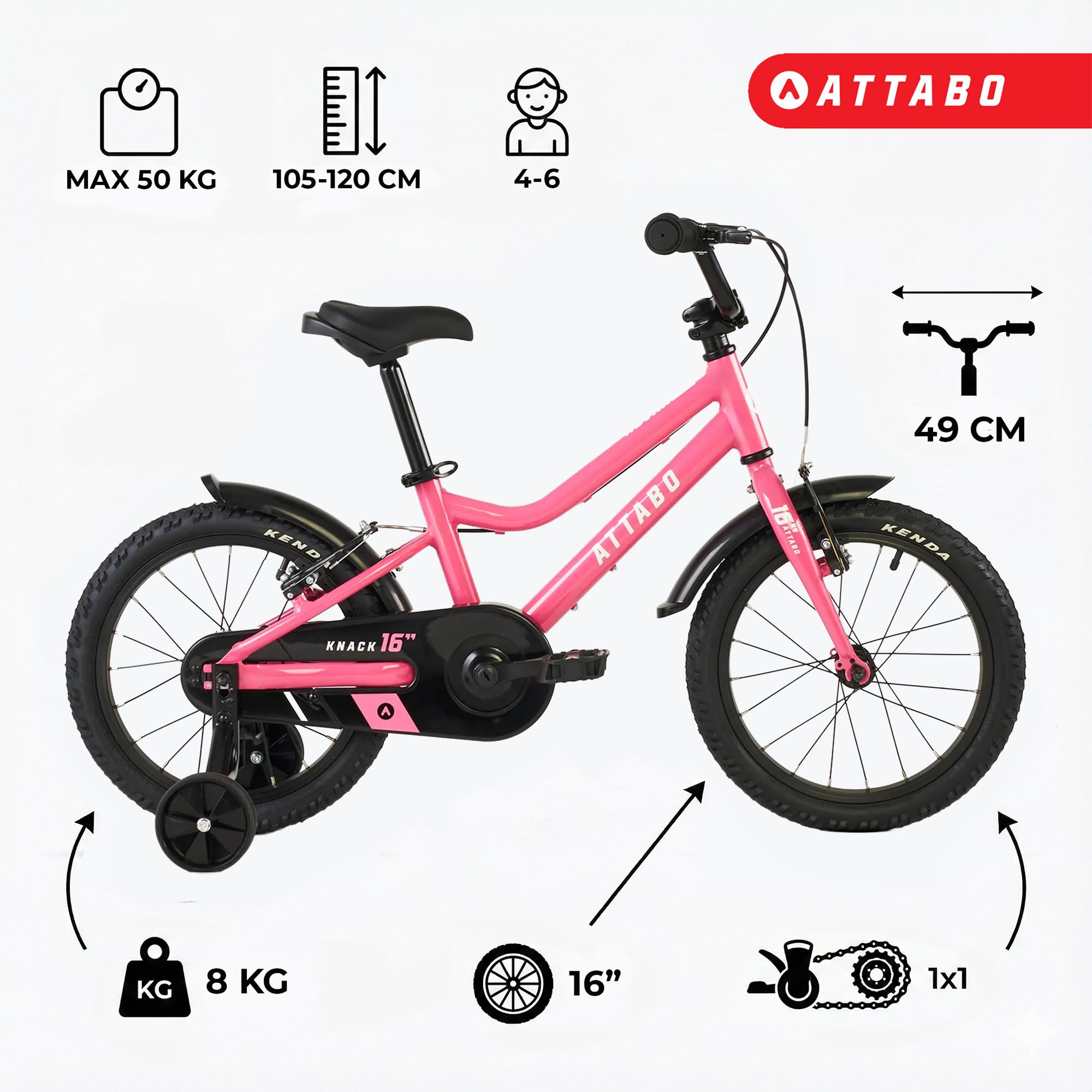 ATTABO Rower dziecięcy Knack 16 (5-7 lat) z lekką aluminiową ramą (9 kg), koła 16", do 110-120 cm, ergonomiczna kierownica, stabilna i lekka kierownica, idealny do nauki w