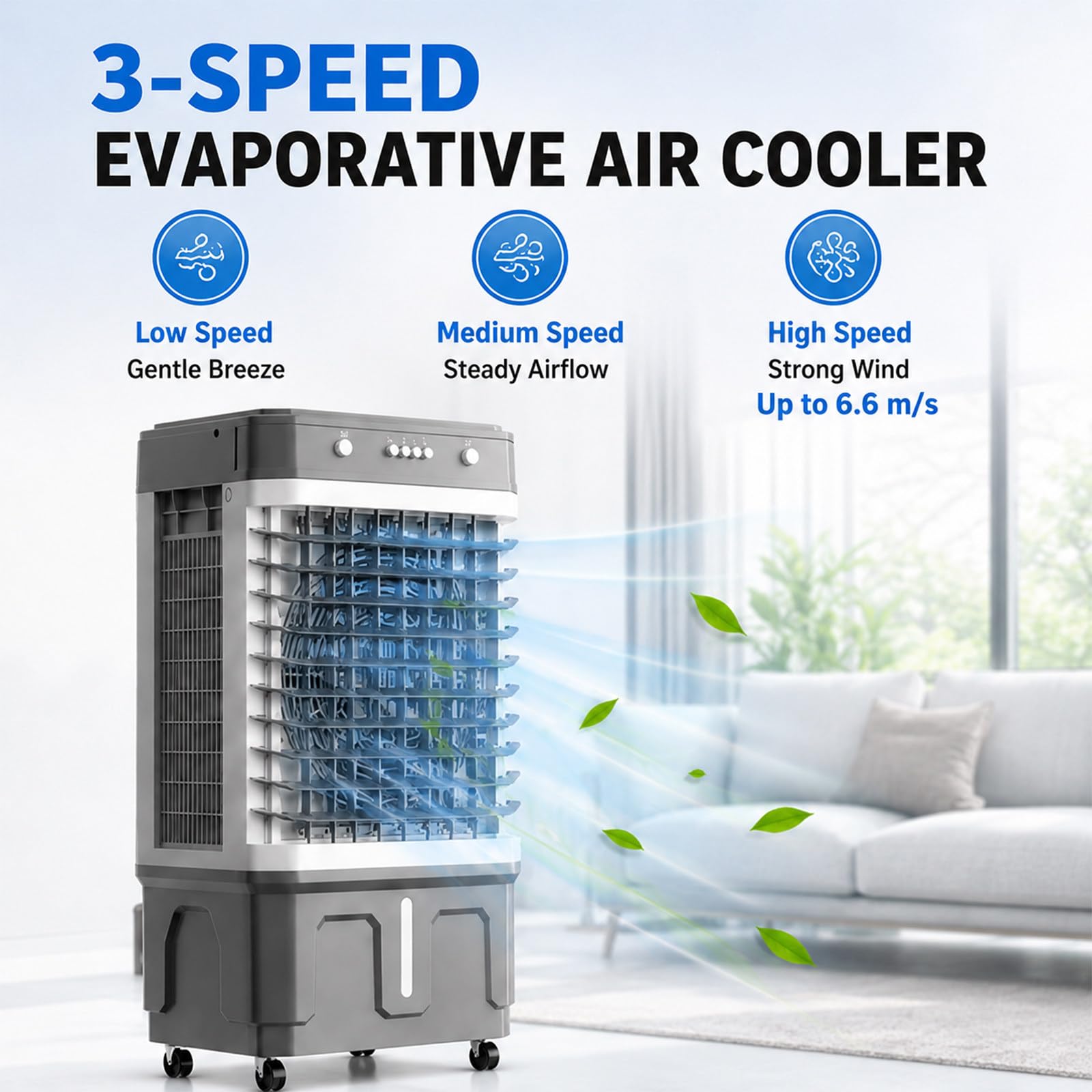 Aire Acondicionado Portátil Enfriador Evaporativo, con Oscilación De 120°, Sin Tubo, 3 Velocidades, Depósito De Agua De 20 L, Velocidad del Aire 6,6 M/S, para Habitación Y Oficina