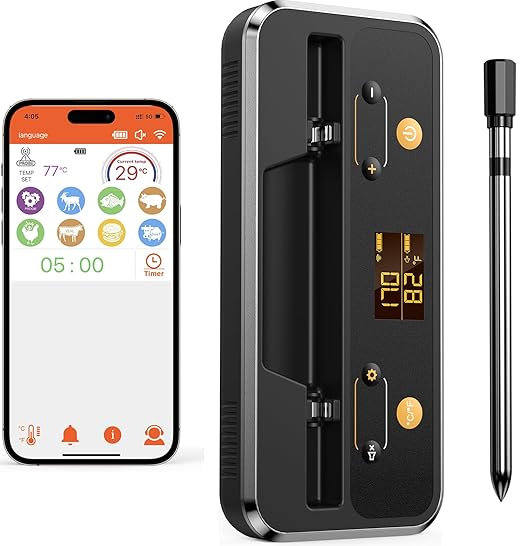 Fleischthermometer Kabellos, Apkezel Bluetooth Grillthermometer mit App, IP67 Wasserdicht Bratenthermometer Kabellos, Meat Grill Thermometer für Backofen Grill Smoker Rotisserie Airfryer