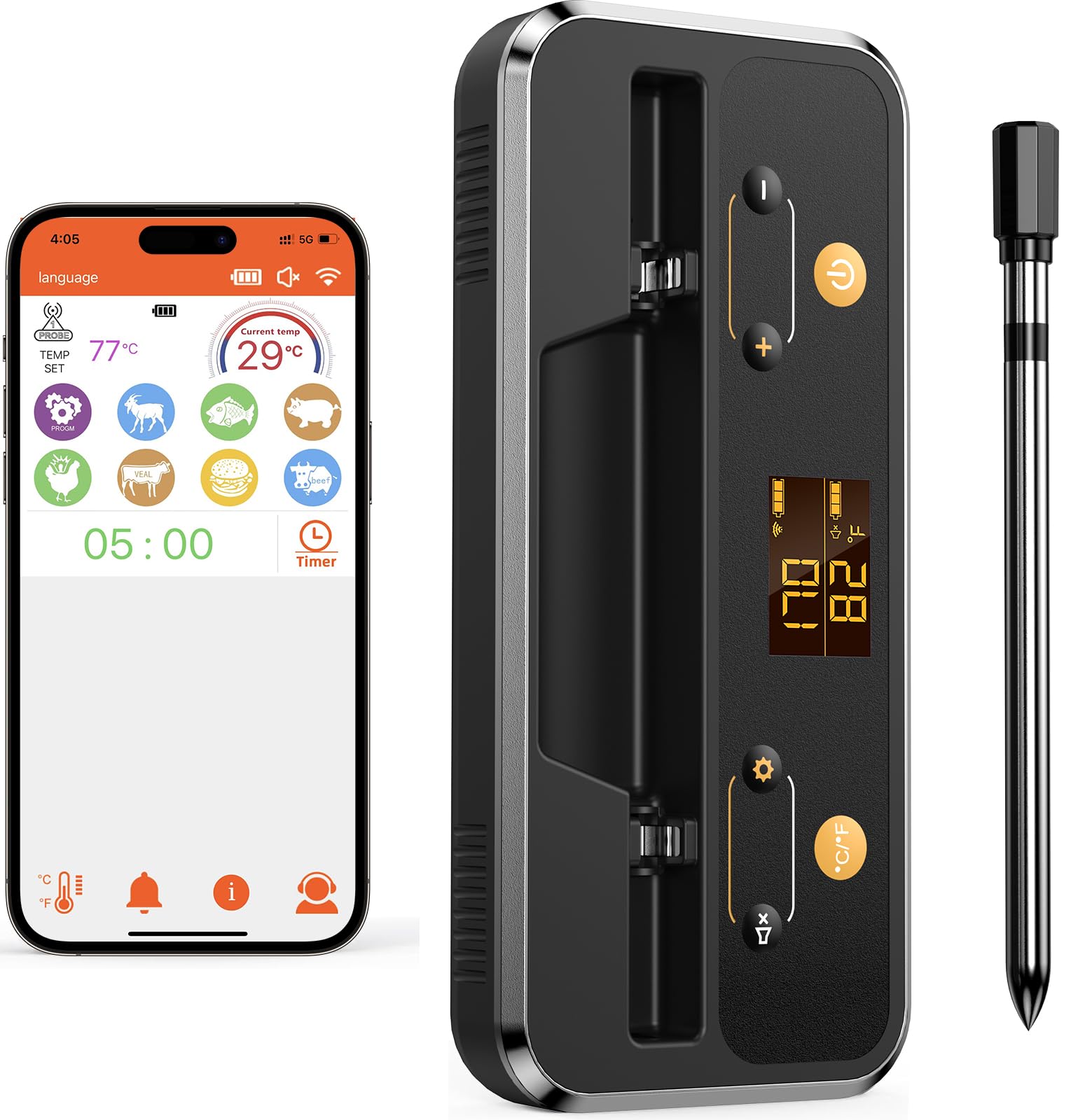 Apkezel Termometro BBQ con APP, IP67 Impermeabile Termometro Carne Wireless per Barbecue, Forno, Griglia, Cucina, Girarrosto