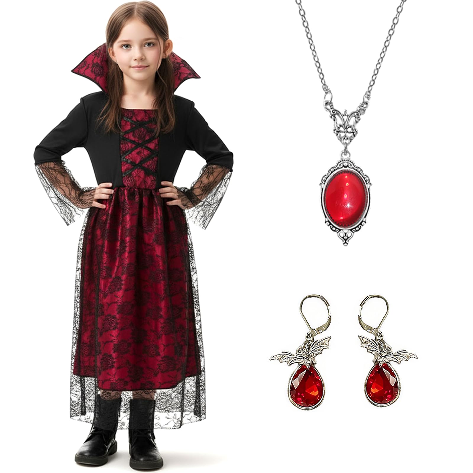 Moerstar Kids Vampire Costume Halloween Girls Vampire Princess Costume Set  with Necklace Earrings for Halloween Fancy Dress Cosplay Costume (M) -  BigaMart