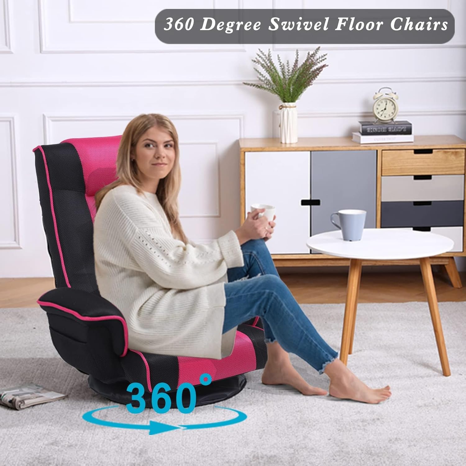 FLOGUOR 360 Swivel Gaming Floor Chair with Armrest Multi-Angle Folding Floor Chair Padded Backrest Lazy Sofa Lounge Chair for Living Room, Home Office QL201W-US-BK