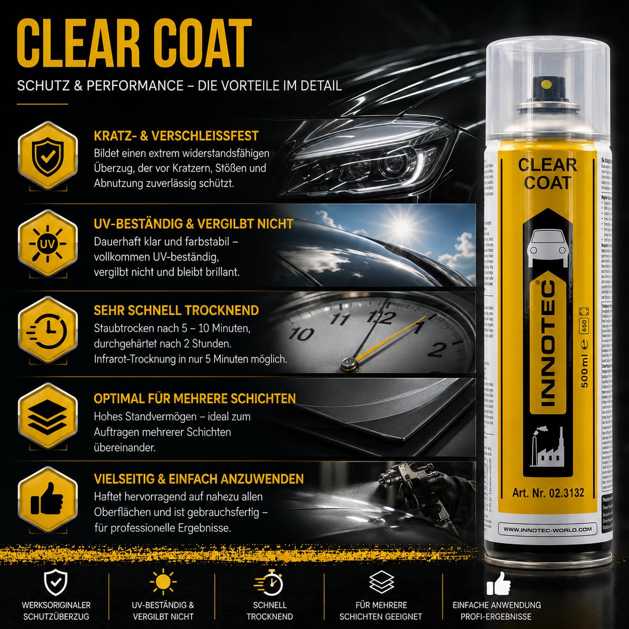 4 Stück Innotec Klarlack Clear Coat - transparent glänzend - für ein glänzendes Finish - zum Fixieren und Schützen der Lackierung - Klarlack Spray - glänzender Autolack - schnelltrocknende - 500ml