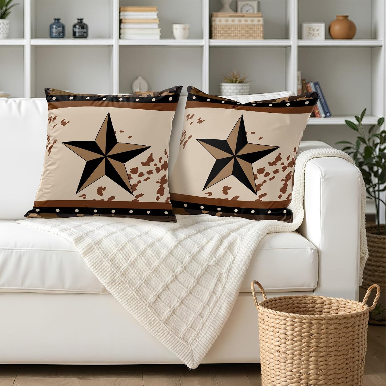 Western Throw Pillow Covers 18x18 - Texas Star Cowboy Cabin Brown Pillow Cases Set of 2 Double Sided Print, Soft Sofa Pillowcases for Living Room Decor