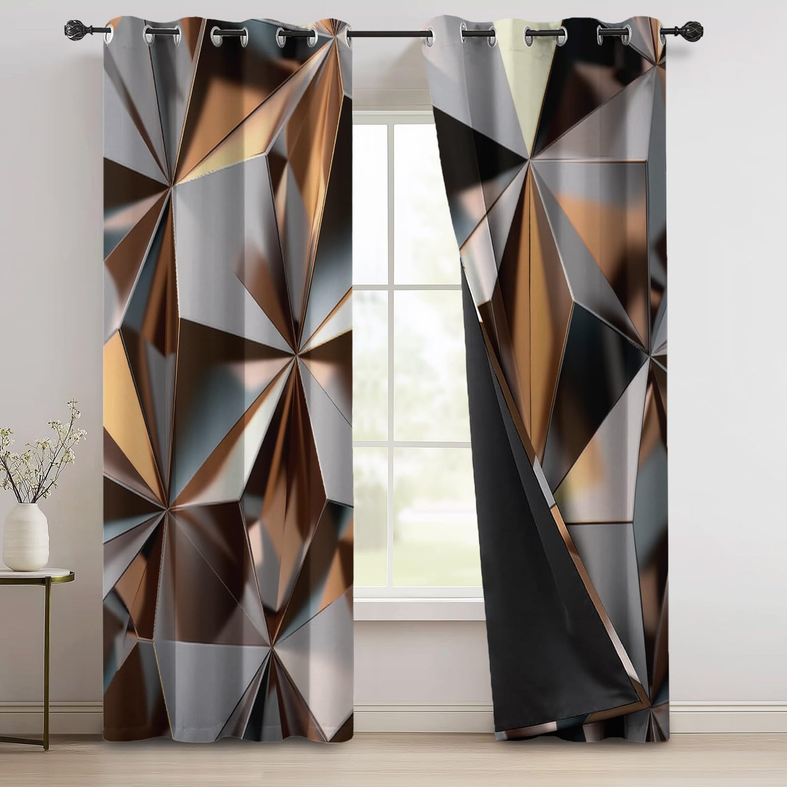 Rideaux Occultants Isolants Anti-Froid 91.5L X 160H cm (2 Panneaux), Design Luxe Moderne Géométrique, Tenture à Œillets Opaque pour Salon et Chambre, Argent Marron
