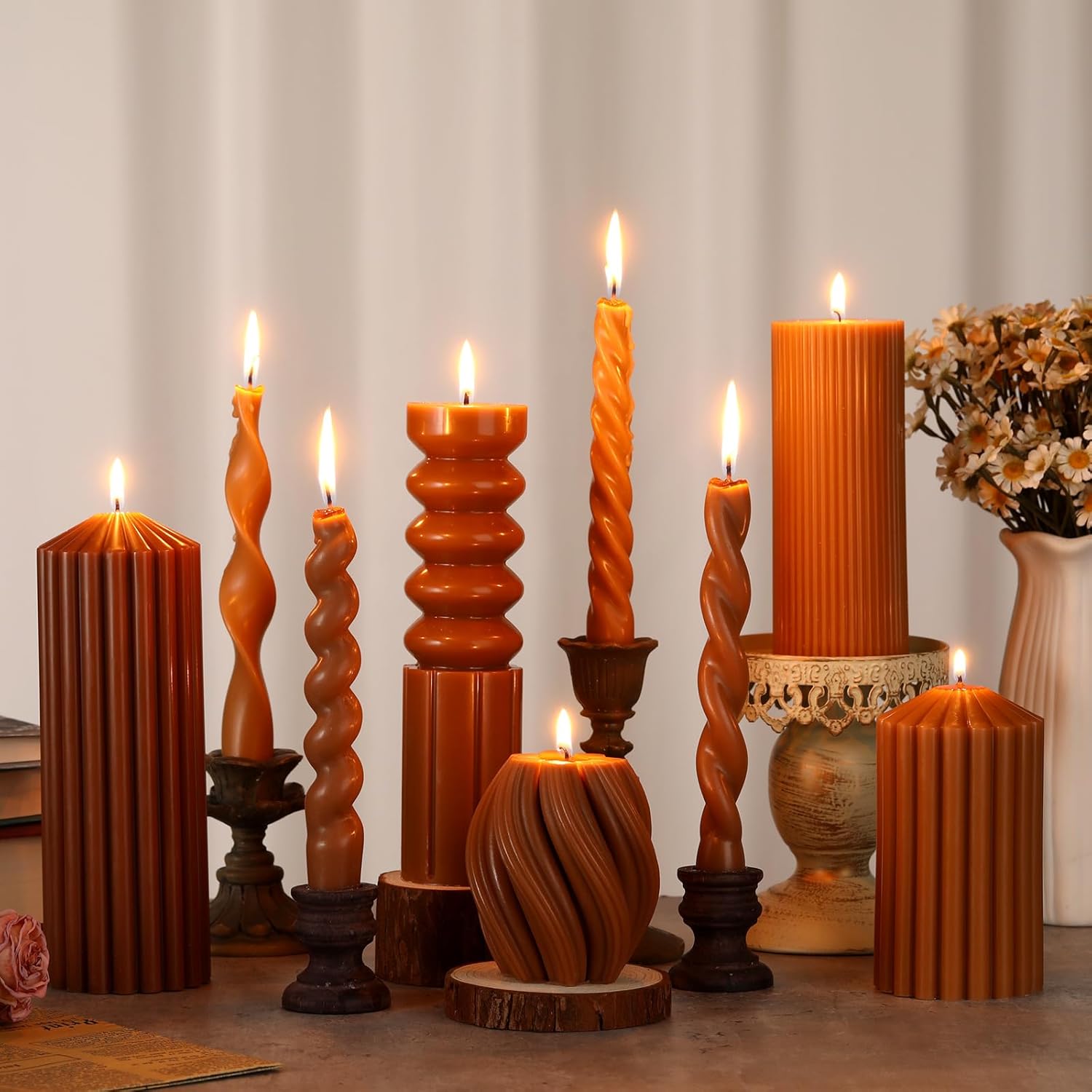 Nuanchu 9 Pcs Modern Decorative Candles Set 5 Pillar Aesthetic Ribbed Candles 4 Spiral Taper Twisted Candlesticks Scented Smokeless Soy Wax for Wedding Holiday Dinner Home Decorations(Brown)