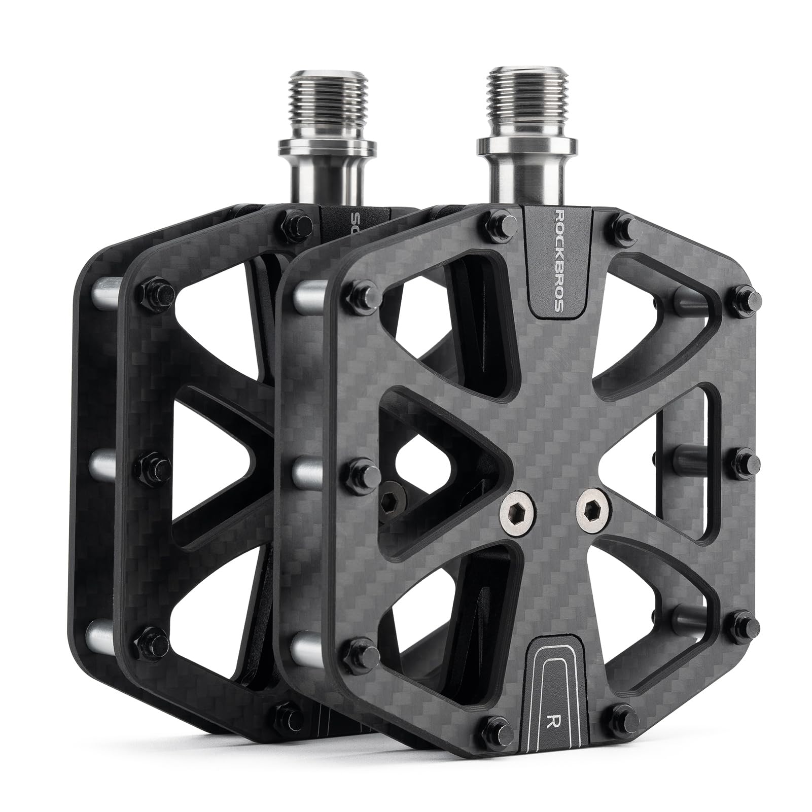 ROCKBROS Pedales Fibra Carbono de Bicicleta, Plataforma Planos Ultraligero y Anchos Antideslizantes 3 Rodamientos para Bicicleta de Carretera MTB