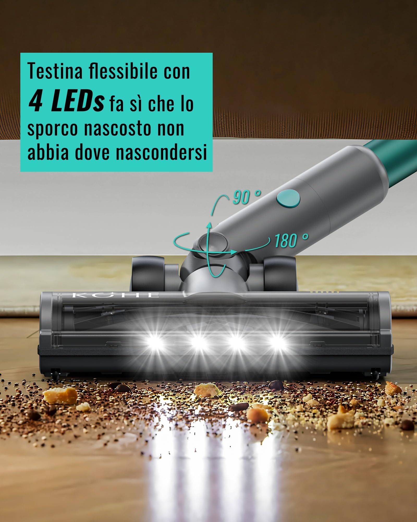 KOHE S10 Aspirapolvere Senza Fili 38KPa/450W Scopa Elettrica Senza Filo Potente Standby 45Mins, Aspirapolvere e Aspira Briciole Anti-Avvolgimento per Pavimenti/Tappeti/Interni Automobilistici