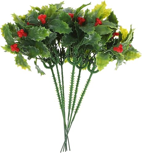 Happyyami 12 piezas de arbusto artificial de Navidad, hojas de acebo, bayas, arbustos artificiales, bayas de acebo, tallos de hojas de cedro, flores