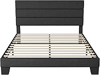 Vista 8 de Allewie Base de cama de plataforma tamaño Queen con cabecera tapizada de tela y soporte de listones de madera, base de colchón totalmente tapizada