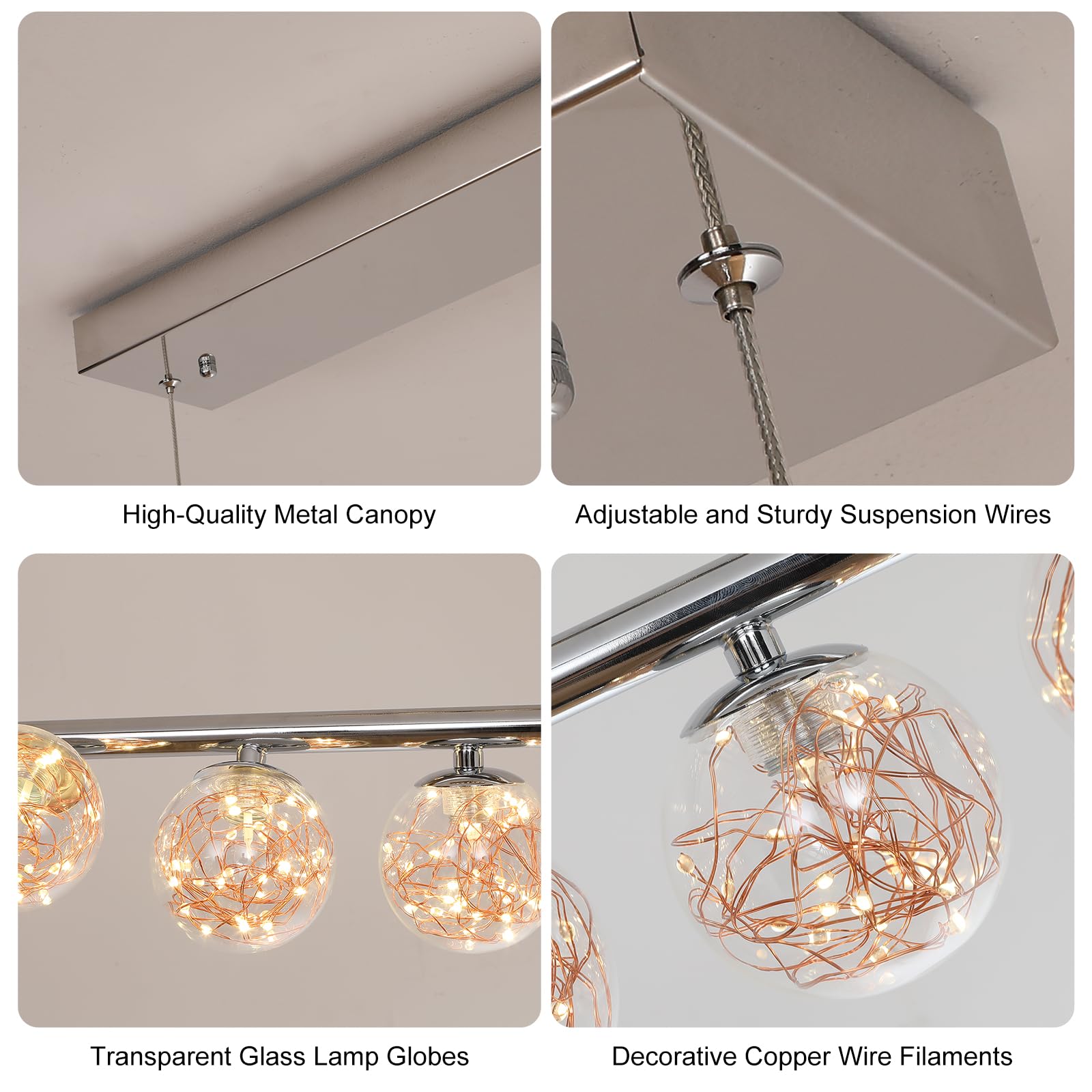 GEADI LED Lampadario Cromato, 120CM Lampada a Sospensione Moderna per Tavolo da Pranzo con 12 Globi di Vetro, Plafoniere a Soffitto Regolabile, Lampadari Lungo per Sala da Soggiorno, Cucine, Salotto