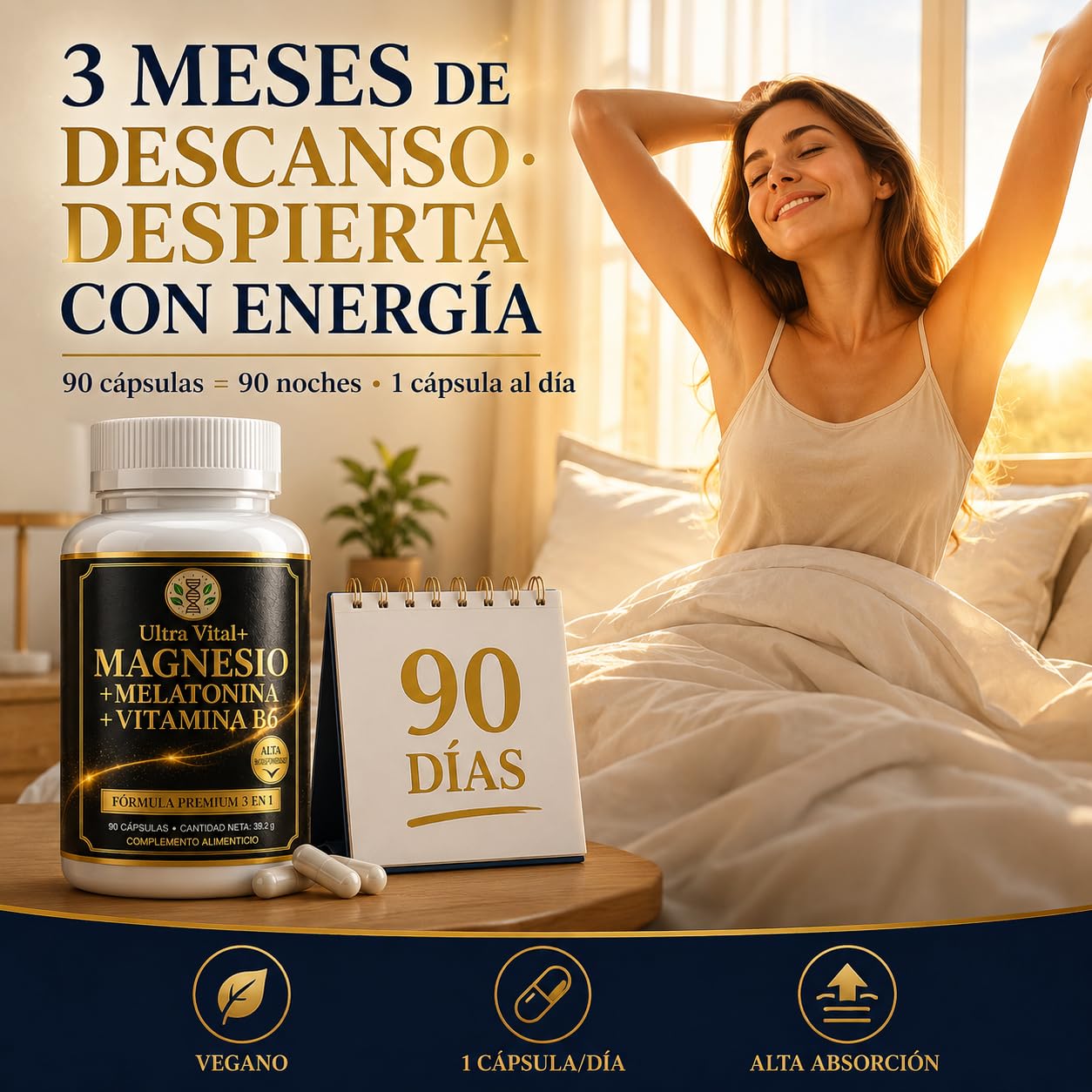 Magnesio Bisglicinato 200mg, Melatonina 1,8mg para Dormir, B6, Cáps Veganas | Glicinato de Magnesio quelado, alta absorción y B6; sin cafeína ni dióxido de titanio. 90 cápsulas, marca española con COA