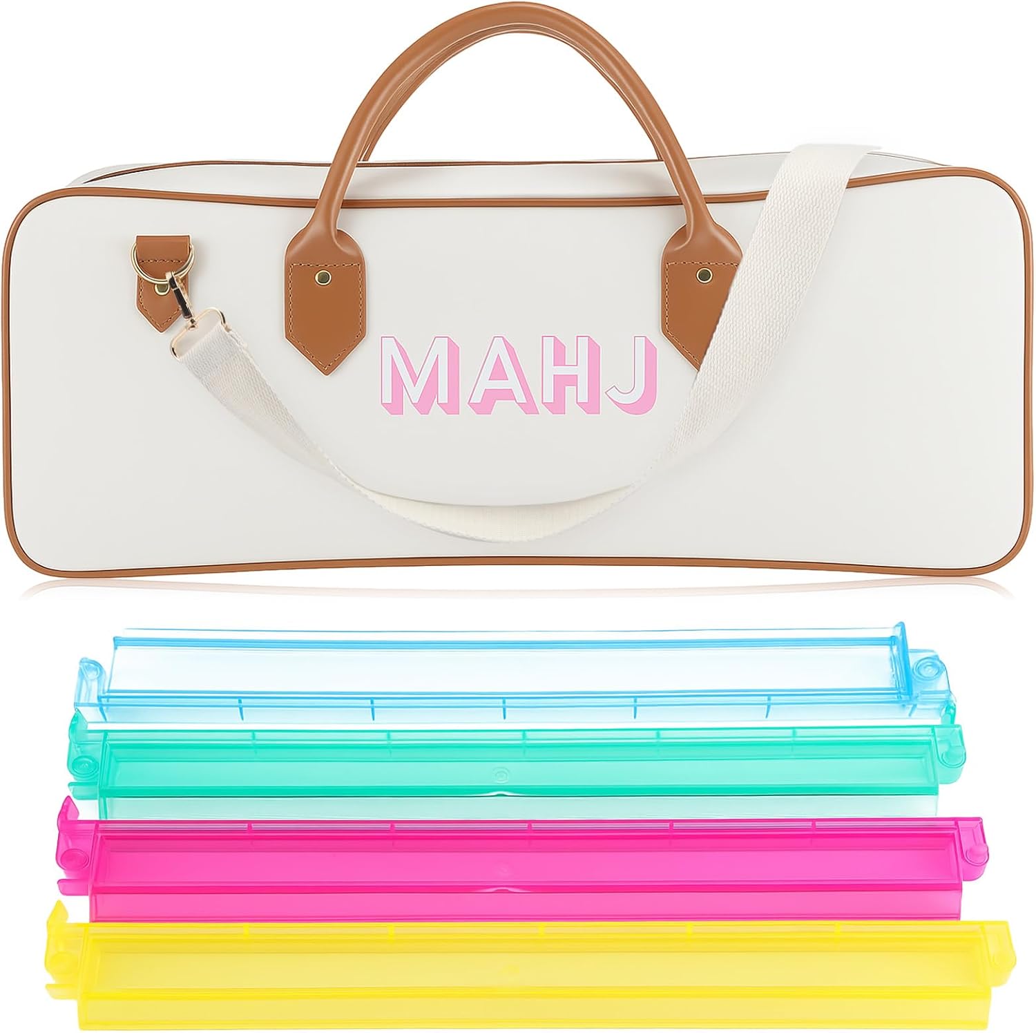 Mahjong Rack Bag Spacious Compartments Professional Leather Carrying Strap for American Mahjong Set, Racks & Pushers, Multi Purpose Storage Tote 21 x 8X 6 Inches