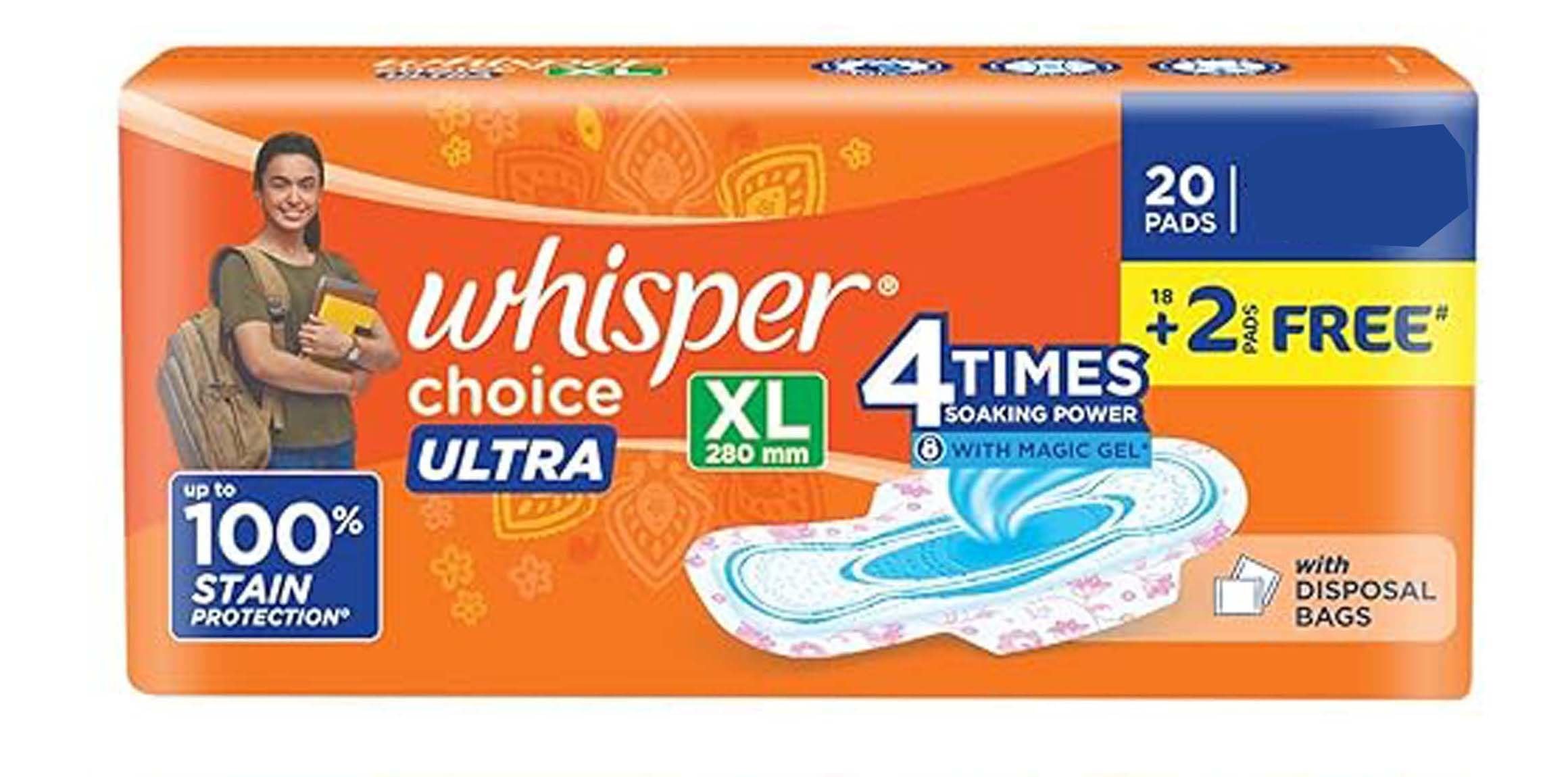 Whisper Choice Ultra XL Sanitary Pads 20 thin Pads|XL|upto 100% Stain protection|side safe Wings|With Liquid lock magic gel|5 cm longer & 20% wider|DRI-weave topsheet|28.4 cm Long|With disposable wrap (B0CX227M6X) Amazon Price History, Amazon Price Tracker