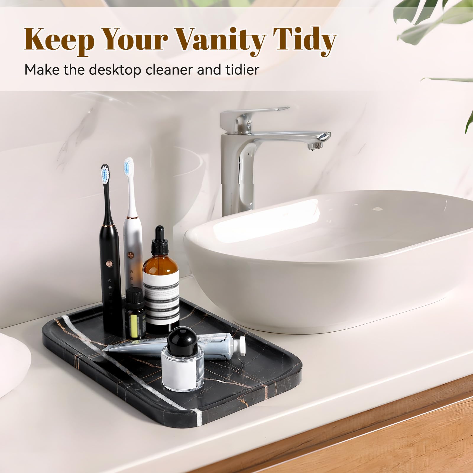 Koville Vassoio in marmo, 30,5 x 20,3 cm, organizer in marmo per piano di lavoro, bagno, cucina, comò, piatto decorativo rettangolare per gioielli, cosmetici, profumi, gingilli (nero)