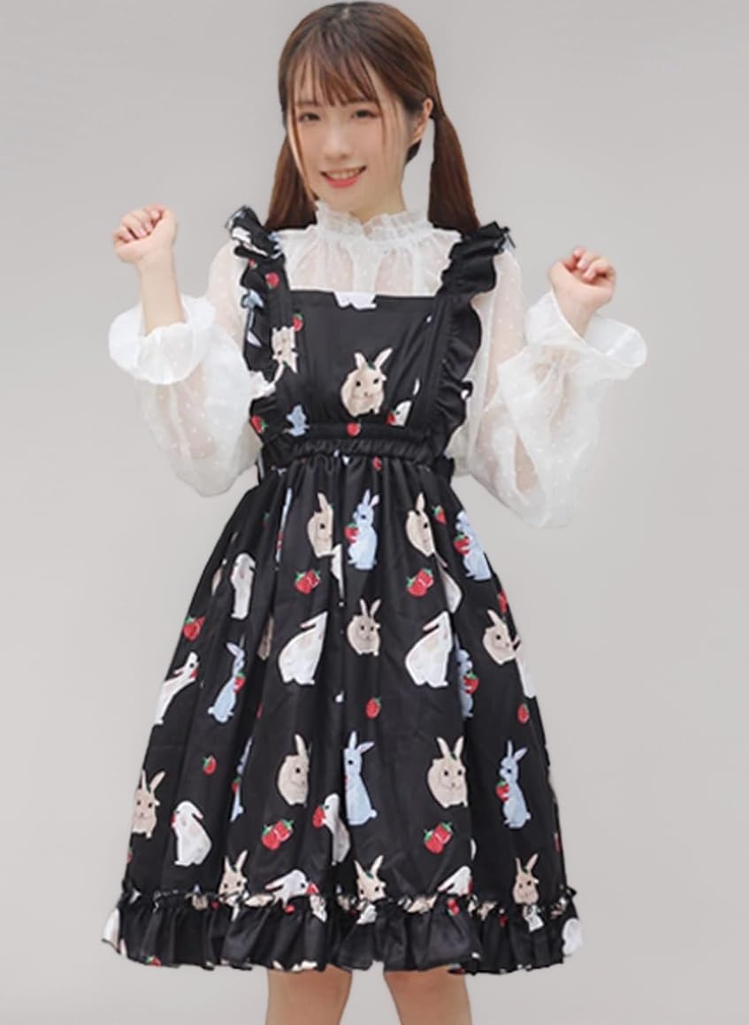 Lovely Dresses Spaghetti Straps Kawaii Rabbits Print Sleeveless A-Line Dresses for Girls Teens