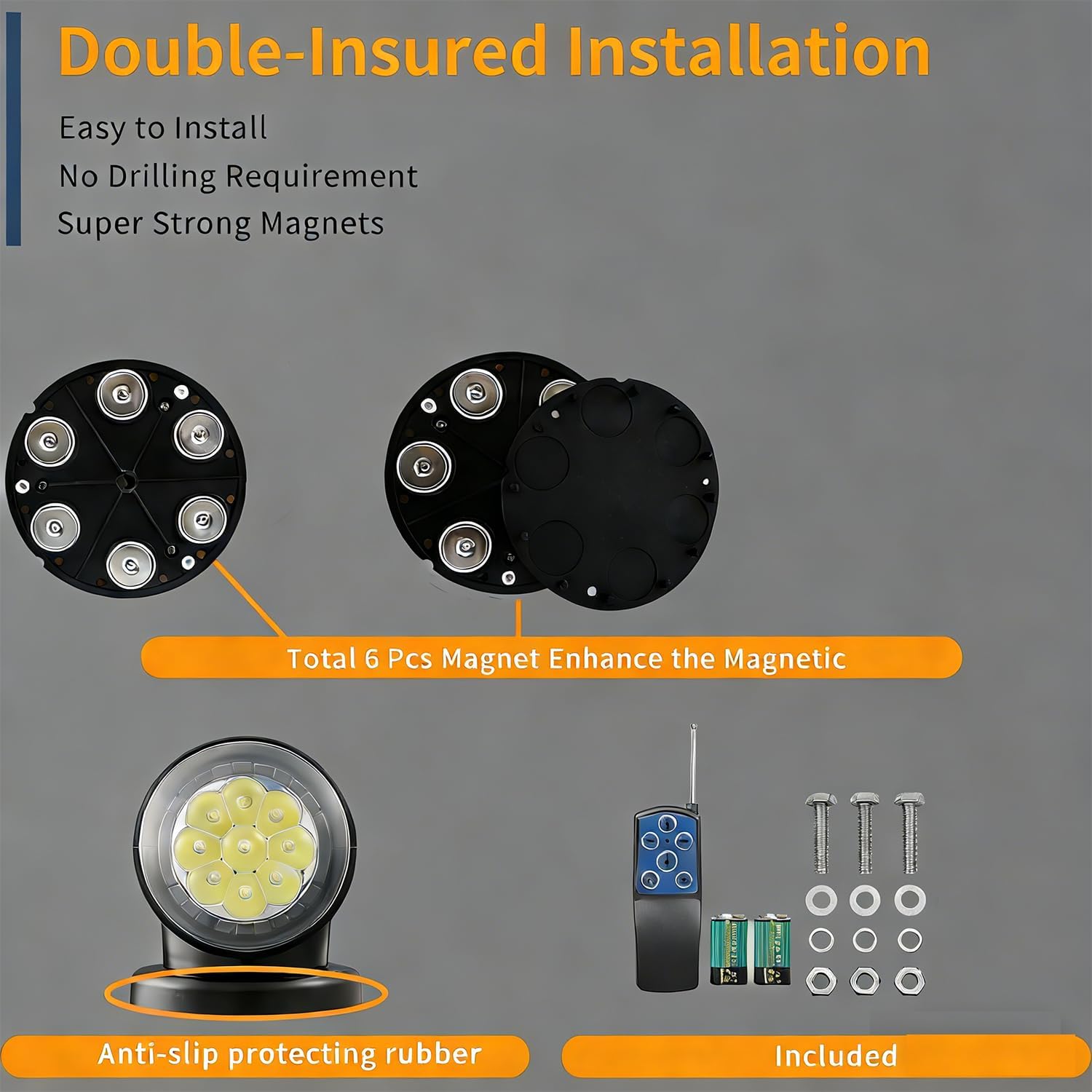 Remote Control Search Spotlight for Truck,60W 6000lm Boat LED Auto Reset Rotating Backup Lamp,360 Rotating Car Roof Top Marine Go Outdoor Searchlight with Wireless Remote, 6 Powerful Magnets (Black)