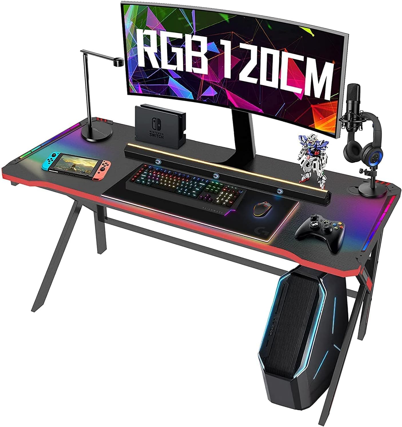 Arespark Gaming Desk with LED Lights, 47in Ergonomic Home Office Tables PC Study Desks, K-Shaped Carbon Fiber Surface Computer Desk Gamer Table Christmas Day Gamer Gift (47in with LED Light)