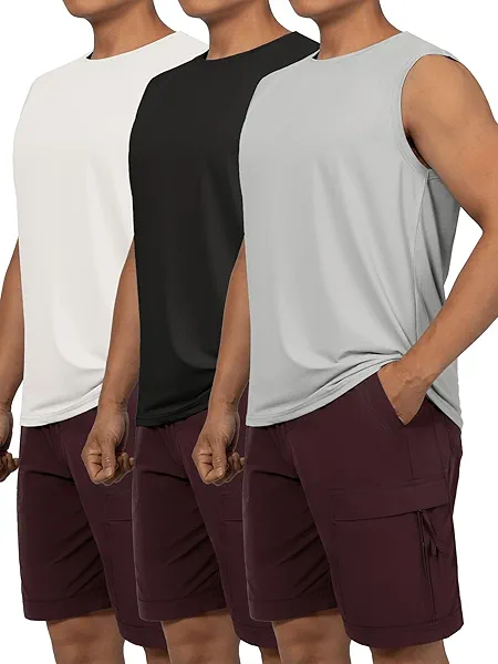 Flyplus 3 Pack Men's Tank Tops Quick Dry Sleeveless Workout Shirts Cooling Fabric Moisture-Wicking Stretch Fit Gym Wear