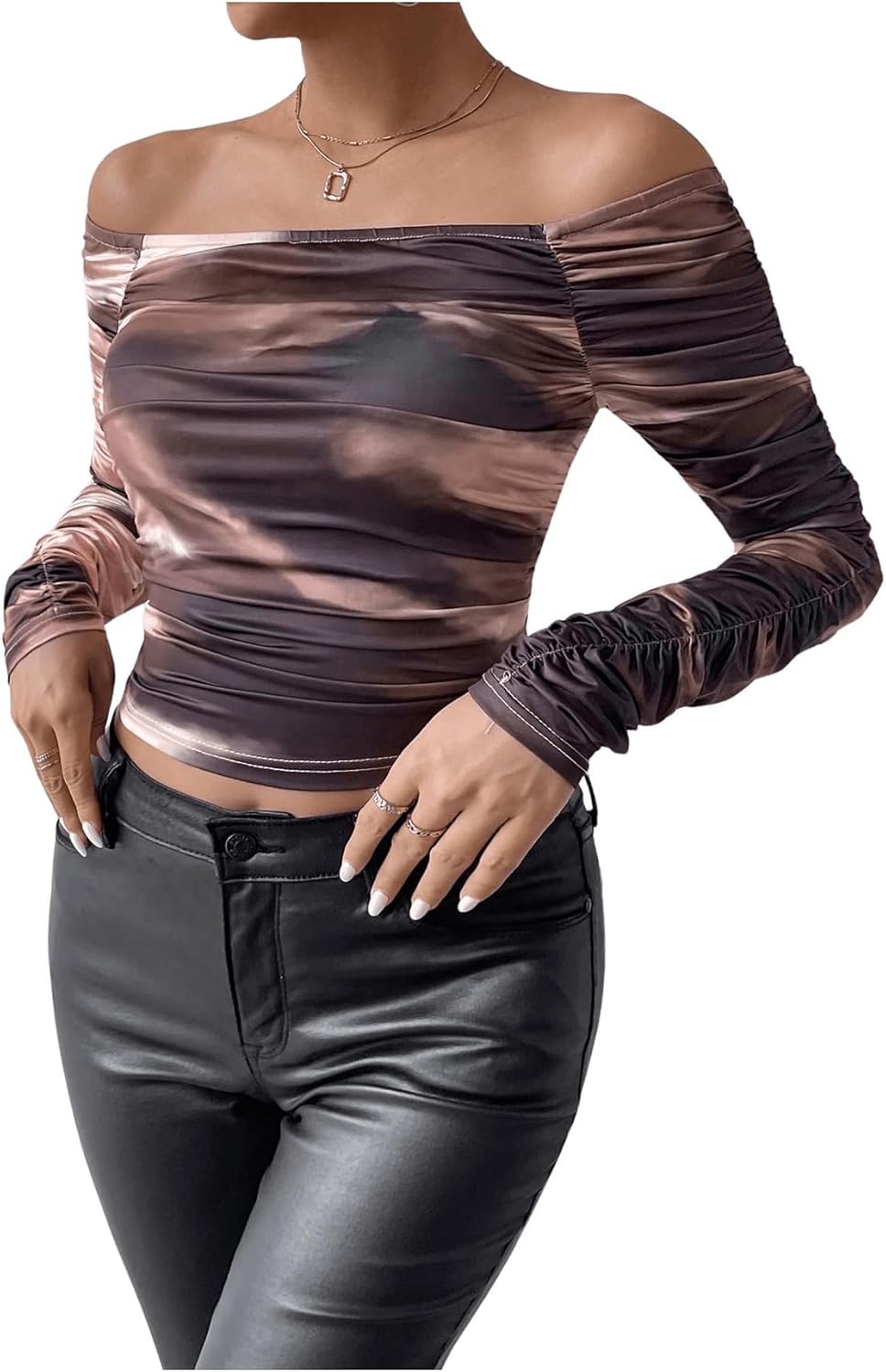 SHENHE Women's Off Shoulder Tie Dye Ruched Long Sleeve Fitted Casual Crop Tshirt Top - Image 4