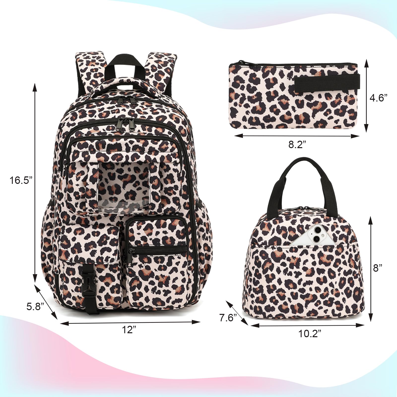 Schulrucksack für Mädchen, 3-teiliges Set, Grundschul-Büchertaschen mit Lunchbox, Federmäppchen, Leopard, Medium, Modern