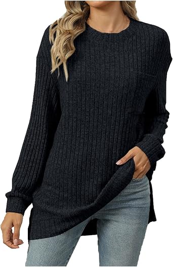 Womens Trendy Long Sleeve Shirts Crew Neck Casual Knit Basic Sweaters Soft Lightweight Pullover Sweater Tops