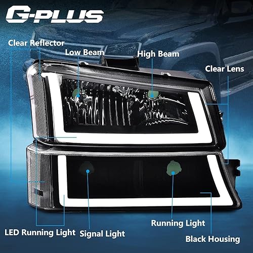 Miniatura 5 de G-PLUS Faros LED DRL, compatibles con Chevy Silverado Avalanche 2003, 2004, 2005, 2006, lente transparente, carcasa negra, reflector transparente