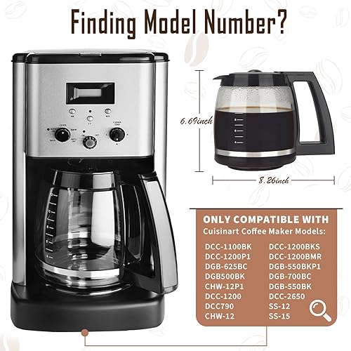 Miniatura 3 de Jarra de vidrio de repuesto para 12 tazas con tapas compatible con cafeteras Cuisinart, CHW-12, CHW-12P1, DCC-1100BK, DCC-1200, DCC-1200P1,