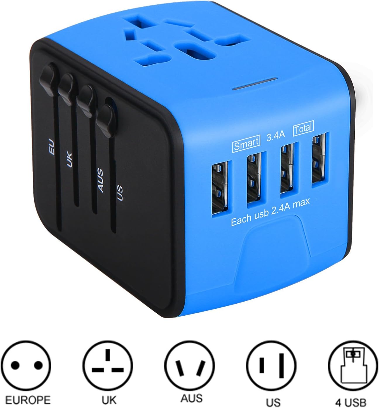 International Travel Adapter, IABOLT Worldwide AC Wall Outlet Plugs for UK/EU/UK/AU with Total 3.4A 4 USB Ports Great Charger for iPhone/Smartphones/Laptops & More -Blue