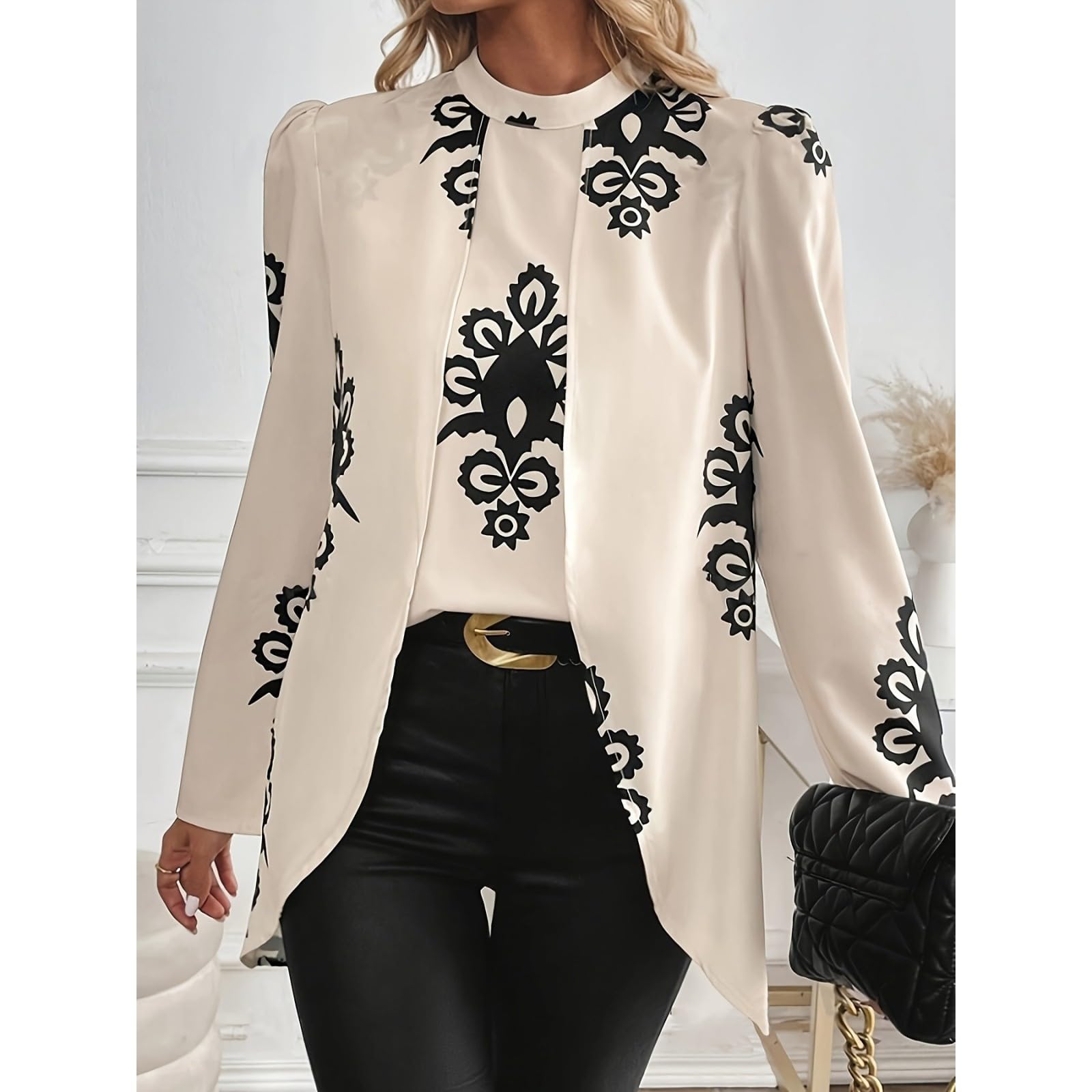 LKSCY - Camicetta da donna in raso vintage con motivo floreale, girocollo, maniche a sbuffo, vestibilità ampia, con orlo a spacco laterale, per ufficio, casual e autunnale
