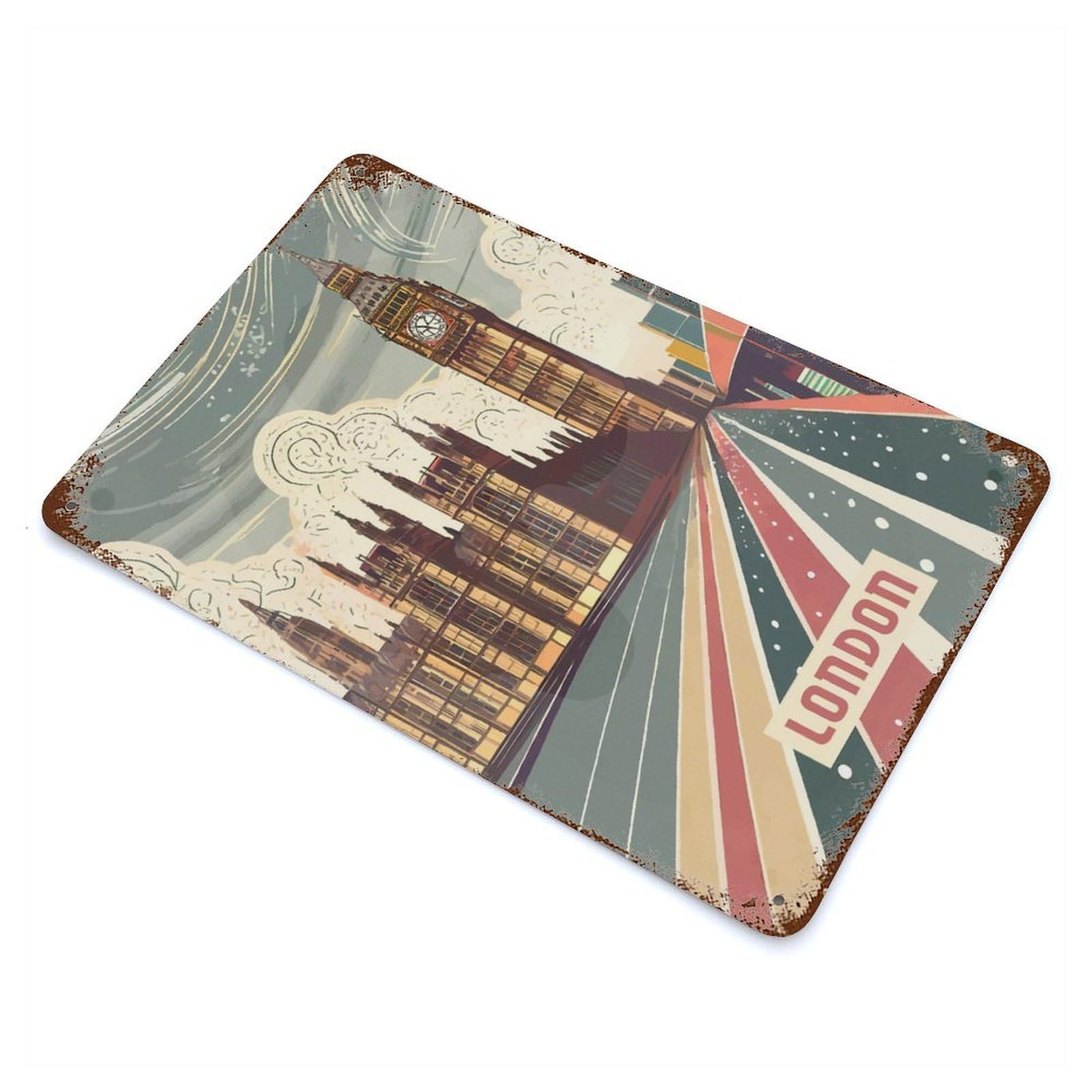 Aged Metal Wall Plaque with London Design 11.8"x7.9", for Cafe, Home Bar And Lounge Decor, Novelty Wall Decor