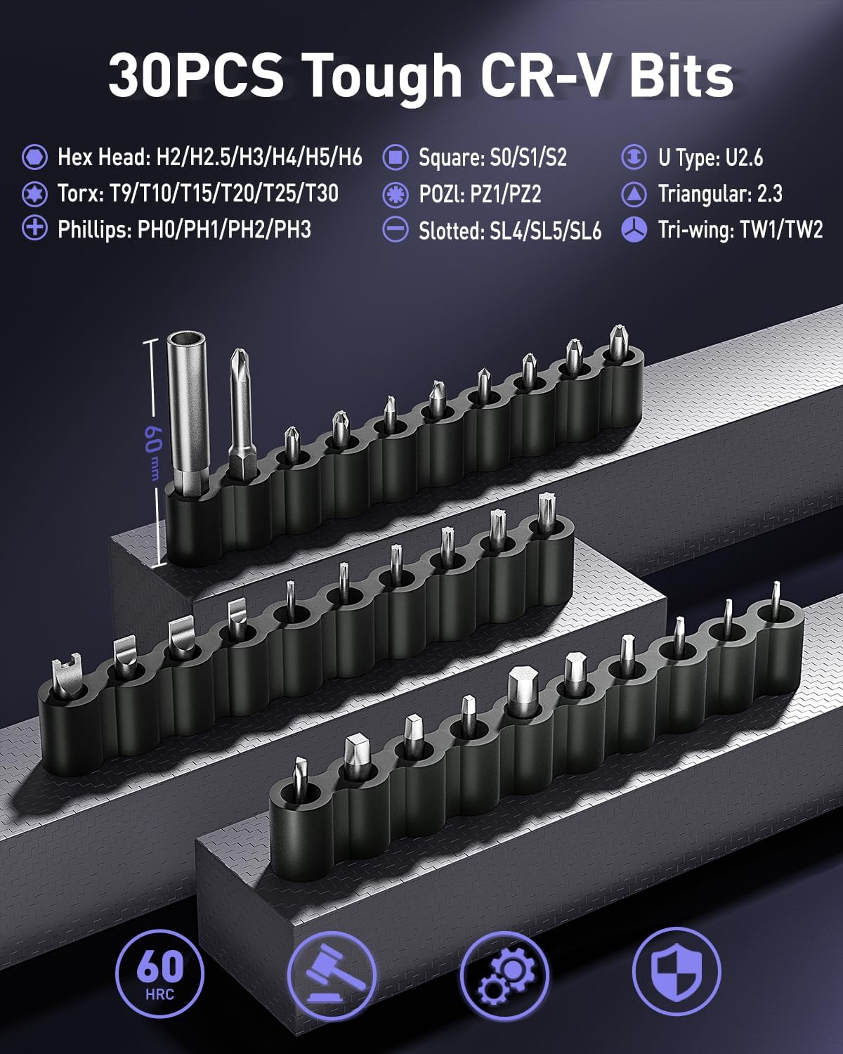 Close-up of 30 magnetic screwdriver bits included with the DOINOW T1