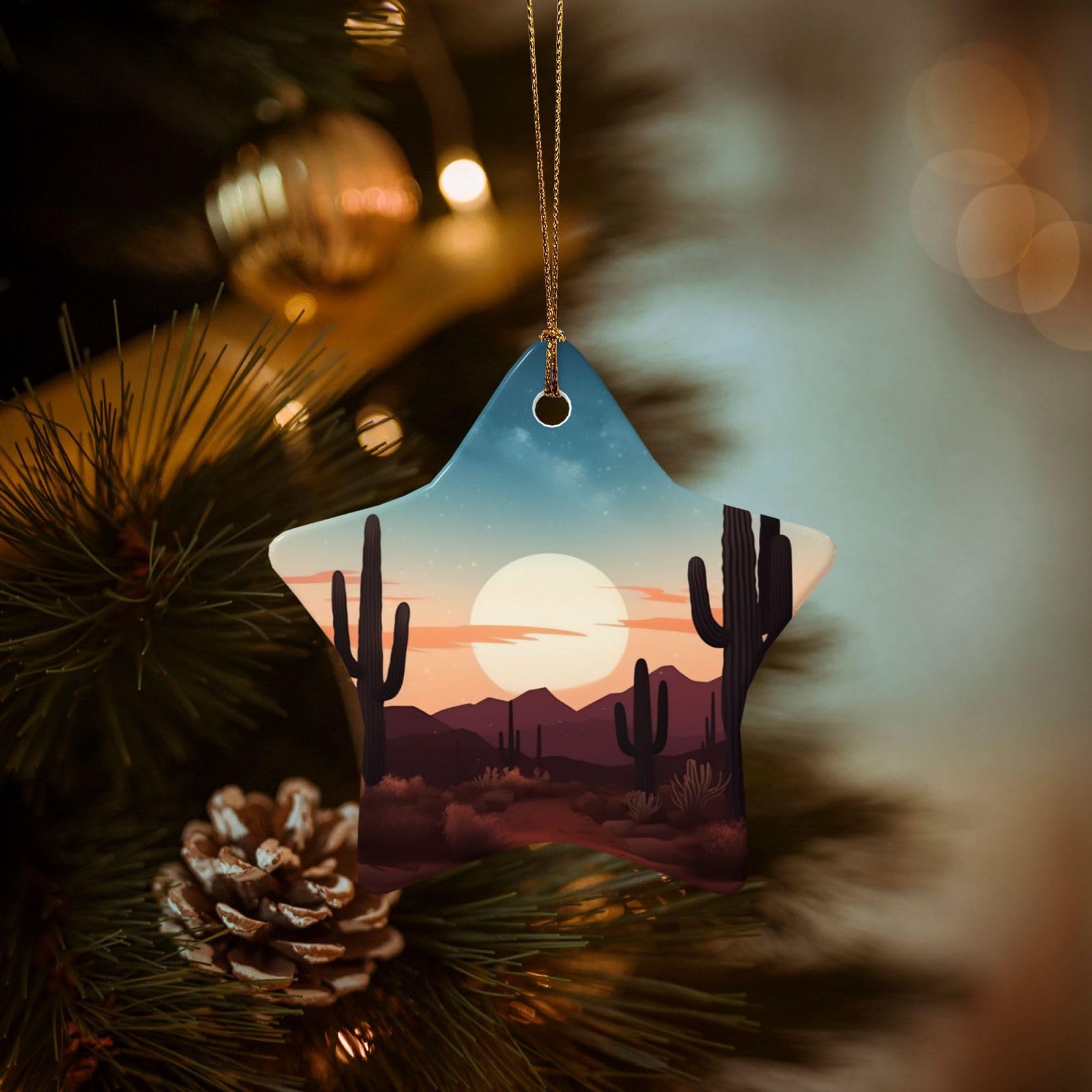 Christmas Ornaments for Christmas Tree Decoration Hanging Desert with Cactus Ornament with Gold Ribbon Crafts Star Shape Ceramic Pendant for Keepsake Gifts Xmas Decor Party Supplies