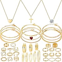 IXNEOP Golden Jewelry Set for Women: Necklace, Bracelet, 22 Rings, 8 Earrings Pairs - Fashion Alloy Costume Jewelry