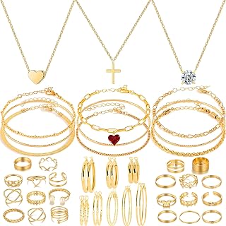 IXNEOP Golden Jewelry Set for Women: Necklace, Bracelet, 22 Rings, 8 Earrings Pairs - Fashion Alloy Costume Jewelry