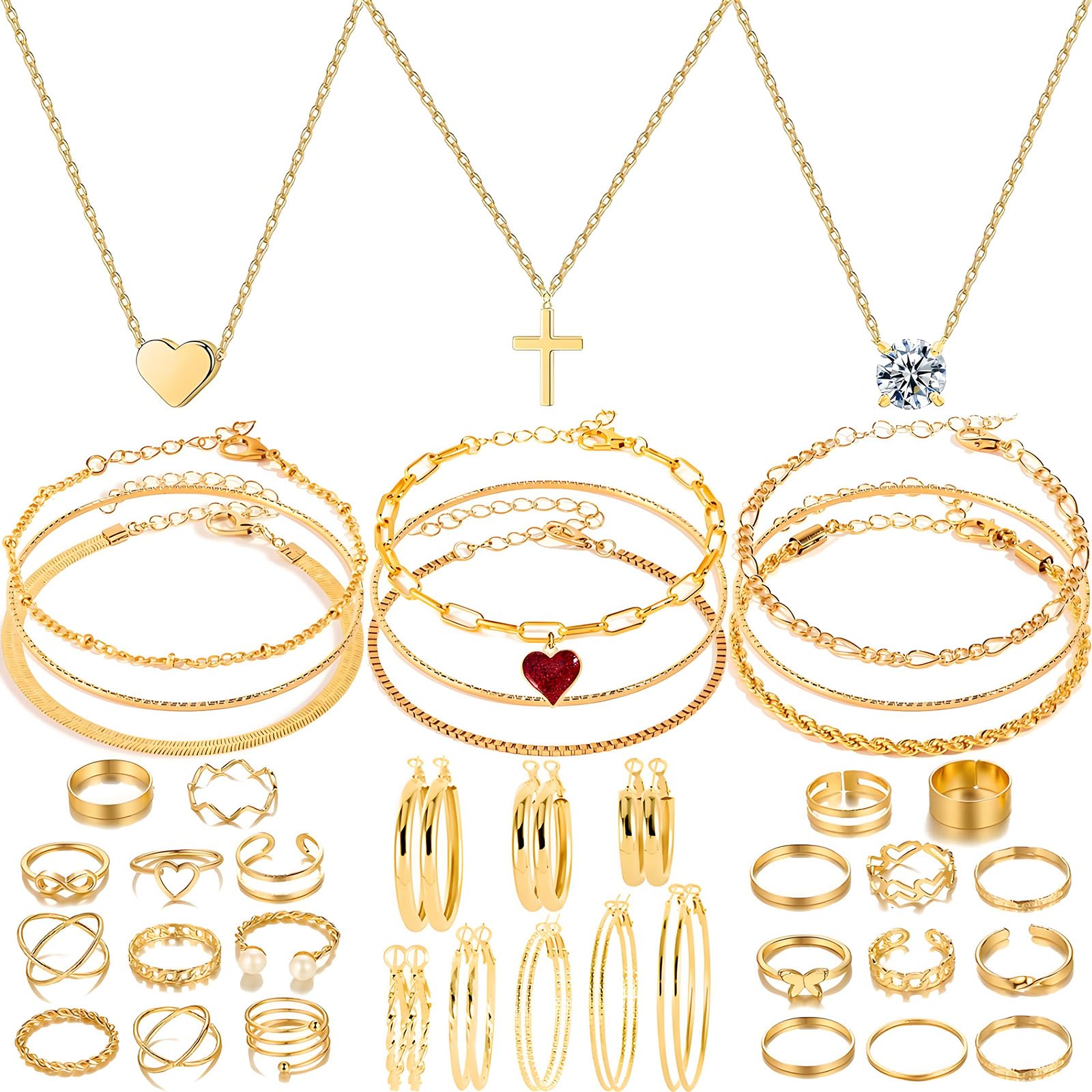 Golden Jewelry Sets for Women Fashion Costume Jewelry Includ Necklace Bracelet Rings Earrings Set