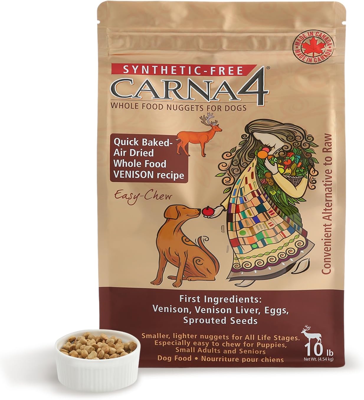 CARNA4 Air Dried Dog Food, Venison Recipe, Quick Baked Whole Food Nutrition with Sprouted Seeds, Natural Probiotics & Enzymes, No Synthetics, Easy-Chew - 10lbs