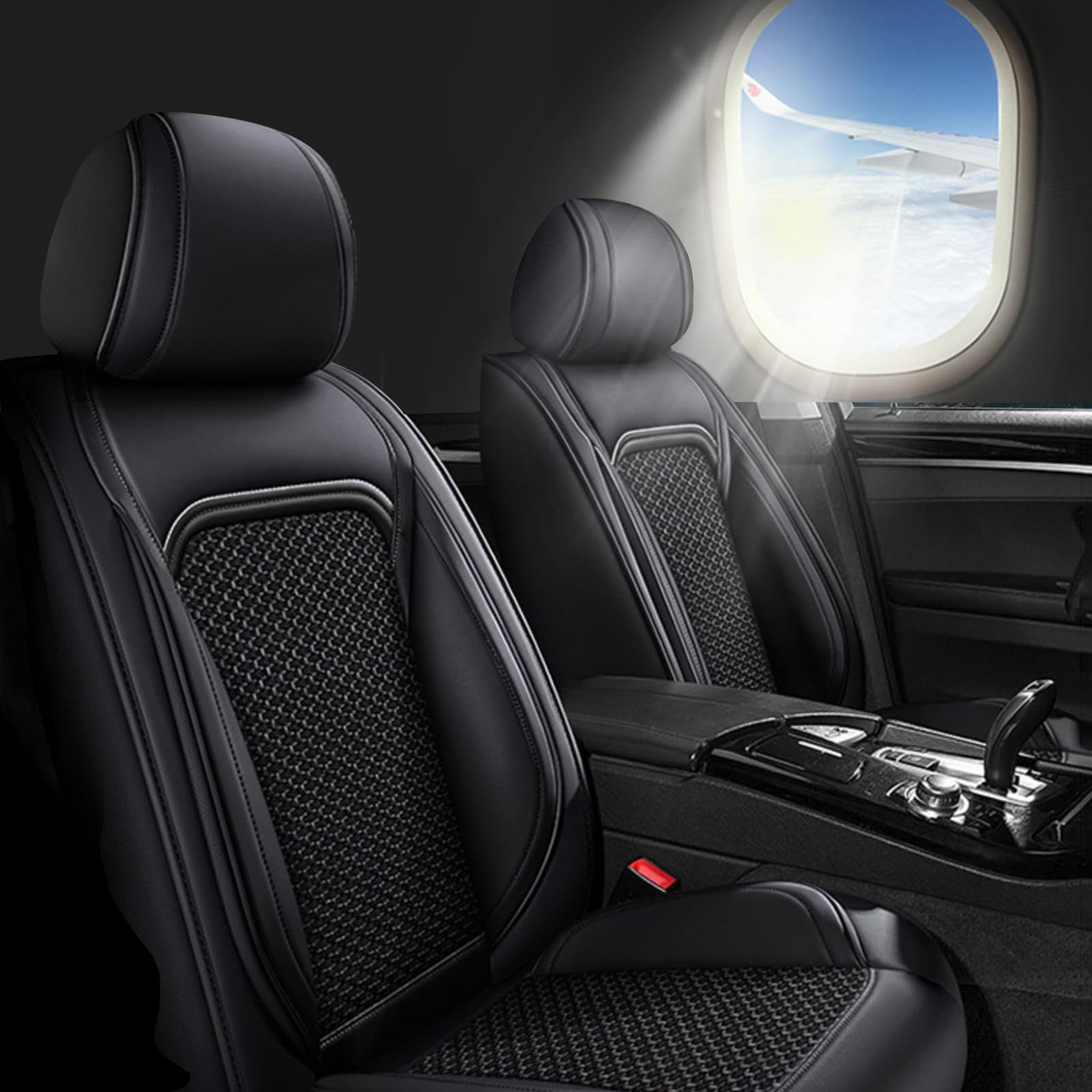 IKABEVEM 2PCS Front Car Seat Covers Fit for Mitsubishi Eclipse Cross 2018-2023 Ice Silk & Faux Leather Seat Cushion Waterproof Automotive Interior Accessories (Black)